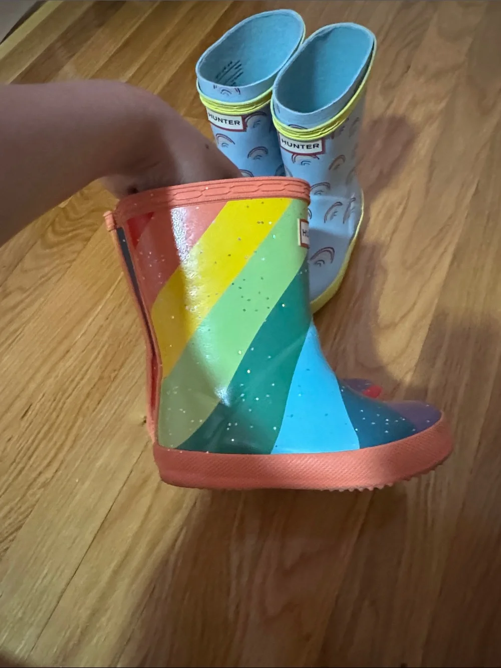Hunter Kids Rain Boots in Light Blue Rainbow & Multicolor Wave